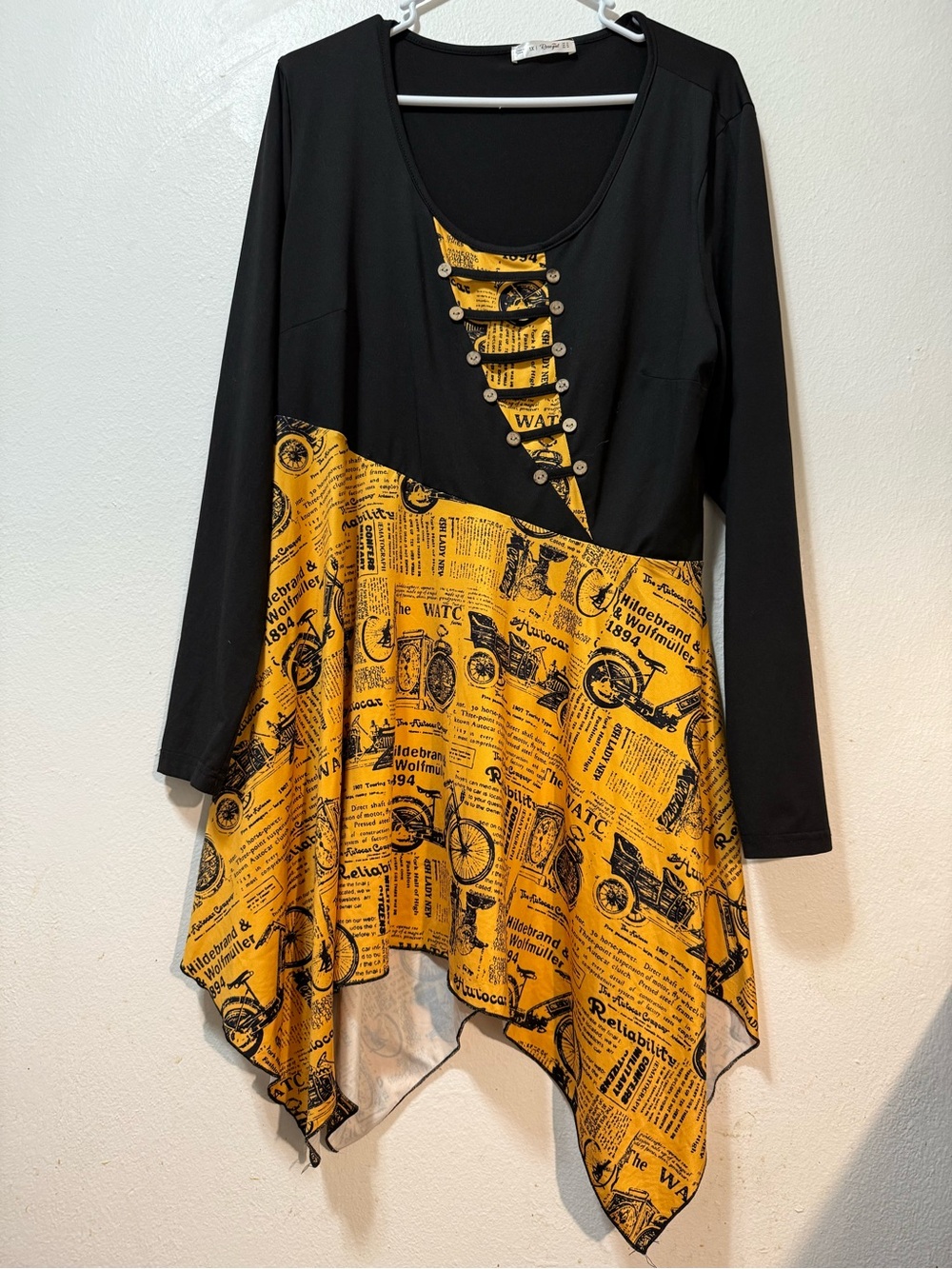 Rose Gal Women's 1X Black & Mustard Newspaper-Print Asymmetric Tunic Dress
